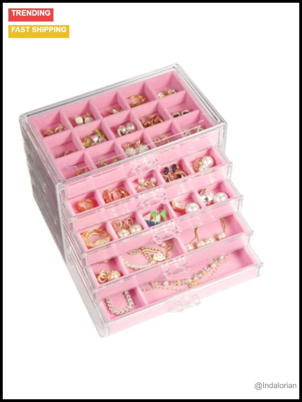 Acrylic Jewelry Box Organizer 5 Drawer Velvet Lined Earring Holder Storage